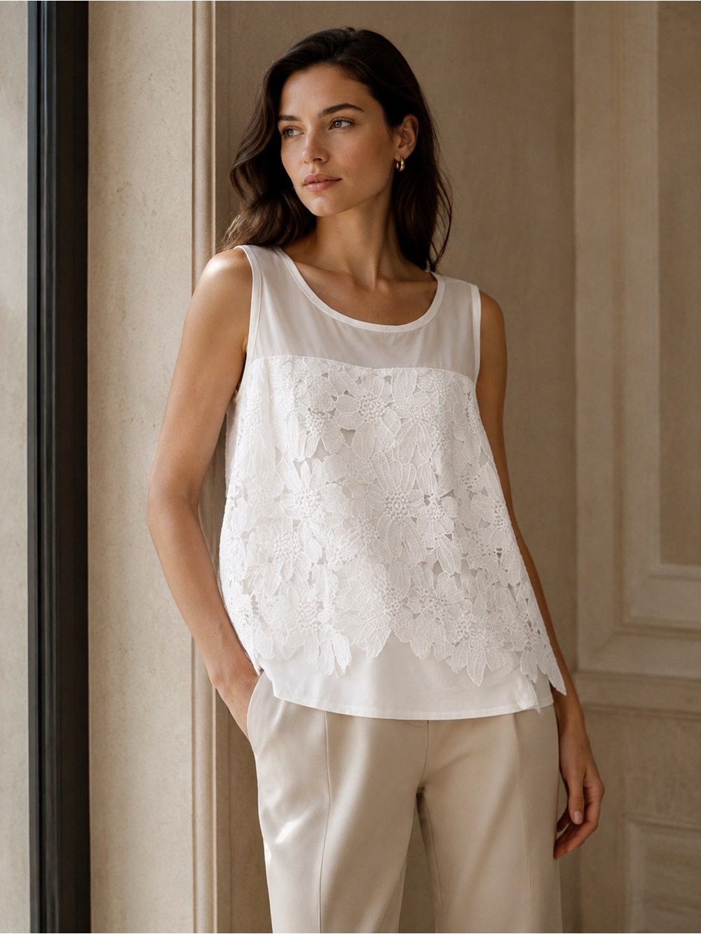 Ann Taylor White Lace Overlay Sleeveless Top